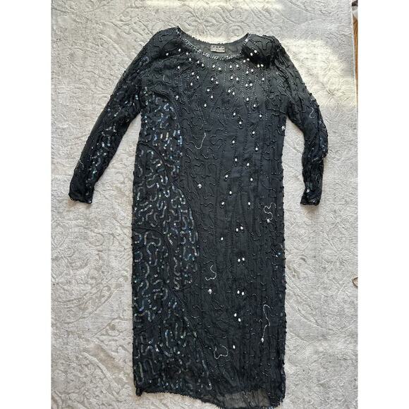 Vintage 80s Creative Creations Silk Beaded Sequin Gown Black Long Sleeve Size M - Picture 9 of 9